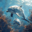 Illustration showing the intimate underwater moment of a dolphin mother using baby talk with her calf high resolution