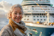 Vacationer on deck of the cruise ship, woman enjoying the ocean panorama, summer voyage.
