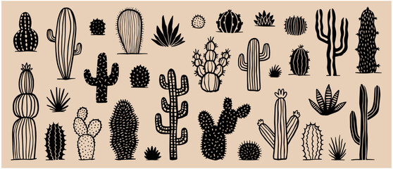 Cute western cactus doodle set, hand drawn vector collection
