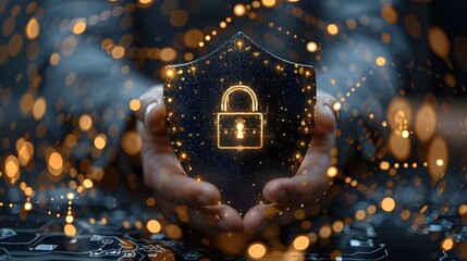 Poster - Businessman holding Shield with padlock in hand on global networking connection. Cyber Insurance.