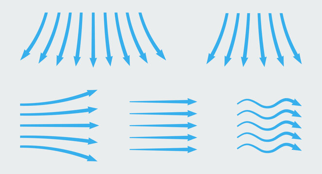 Air flow. Blue arrows showing direction of air movement icon set. Wind direction arrows. Blue cold fresh air stream symbol.
