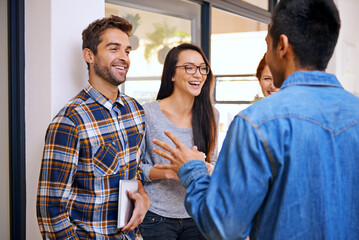 Poster - Office, team and discussion for creative ideas for start up company or agency with social media marketers. Conversation, planning and teamwork for small business or creator campaign and designers.