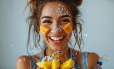 Wall Mural - A happy woman with a cheese smile holds a pineapple bouquet in a fun event