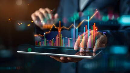 Poster - Businessman holding a tablet displaying a digital stock market graph and chart on blur background.