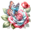 Pink rose with butterfly watercolor clipart with transparent background