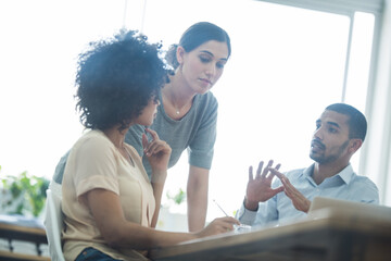 Poster - Business people, office and planning in meeting for idea, collaboration and discussion. Teamwork, professional and group of diverse employees for brainstorming, research or strategy on project