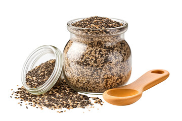 Wall Mural - The Nourishing Jar: Chia Seeds and Wooden Spoon. On a White or Clear Surface PNG Transparent Background.