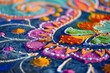 Detailed view of intricate embroidery on cloth with a bright and lively color palette