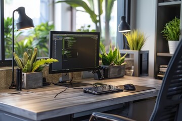 Wall Mural - A desktop computer is placed on a wooden desk in a minimalist office setting with plant accents