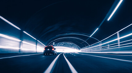 Night, high-speed car. A car at high speed in the tunnel