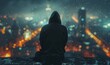 animation of a anonymous faceless man in a hood on the roof of a night city with blurry lights, Generative AI