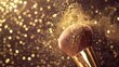 A makeup brush with sparkling powder against a glittery background