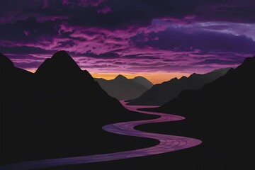 Beautiful mountain lake during sunset. Dramatic sky over mountain silhouette 