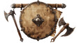 Old viking shield with sword axe and parchment scroll