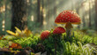 A poisonous red mushroom in the forest with a small mushroom baby next to it.