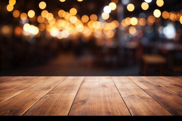 Aufkleber - A wooden table in front of a restaurant with a bokeh background. High quality photo