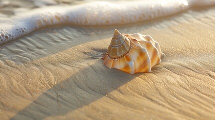 Wall Mural - A single, weather-beaten seashell nestled in the smooth, wet sand