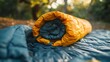 A yellow sleeping bag is laying on a blue blanket