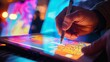 A close-up of hands taking detailed notes on a sleek tablet, a colorful slide projected in the background