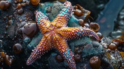 Wall Mural - A red starfish with orange spots sits on a rock
