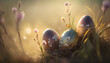 Evoking the essence of Easter magic, an ethereal scene emerges as Easter eggs are discovered peeking from lush vegetation and colorful wildflowers in a sun-drenched meadow glowing in a warm golden hue