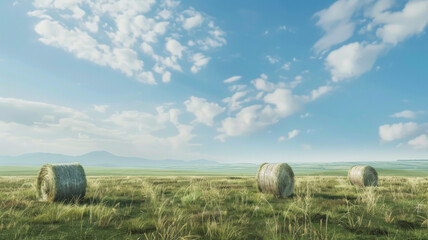 Canvas Print - Serene farmland with rolled hay bales and expansive sky at midday.