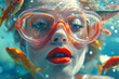 A woman with fish swimming around her. The woman is wearing a pair of goggles. Surreal underwater portrait of a woman with vibrant red lips and large diving goggles, surrounded by colorful fish.