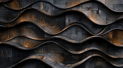 Wall Mural - Wood art background Abstract closeup of detailed organic black brown wooden waving waves wall texture banner wall, overlapping layers Dark wood texture background surface with old natural pattern