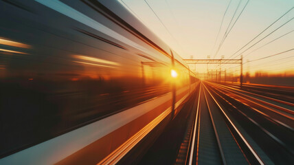 Sticker - Speeding train at sunset, its motion blur evoking the rapid pace of modern life and travel.