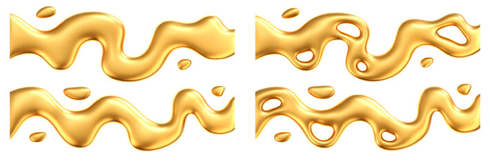 Wall Mural - 3d gold liquid set of waves with drops isolated on a dark background. render of fluid golden ribbon 