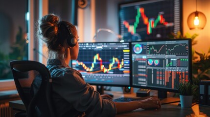 Poster - Young analyst woman working from home. Home office with market graphs on displays.
