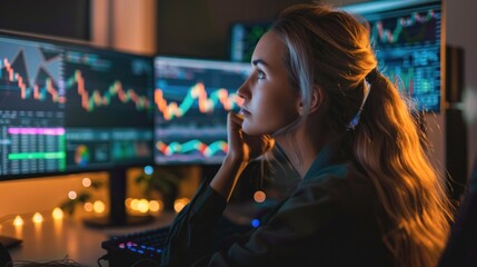 Poster - Analyst Woman. Young female analyst engrossed in market graphs in a contemporary home office.