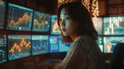 Poster - Analyst woman works from home. Intimate glimpse into dedicated work life. Focused amidst market graphs. Digital vs personal space.