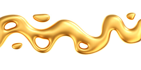 Wall Mural - 3d gold liquid wave with drops isolated on a dark background. render of fluid golden ribbon with ref