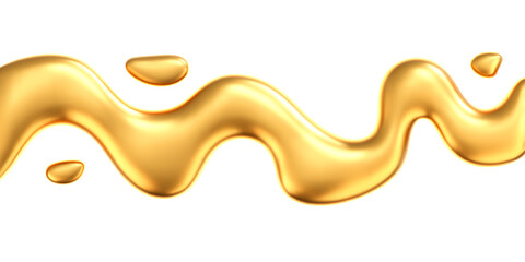 Wall Mural - 3d gold liquid wave with drops isolated on a dark background. render of fluid golden ribbon with ref