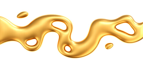 Wall Mural - 3d gold liquid wave with drops isolated on a dark background. render of fluid golden ribbon with ref