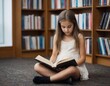 © orelphoto - A young girl is sitting on the floor reading a book. She is wearing a white dress and has long hair. The room is filled with bookshelves, and there are many books on the shelves