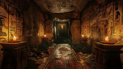 Exploring the interior of an ancient Egyptian tomb, illuminated by flickering torchlight, adorned with intricate hieroglyphics and burial artifacts.