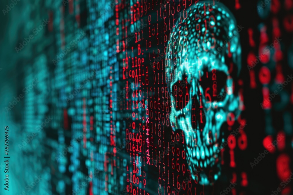 Pc Virus Coding Computer code on a screen with a skull representing a computer virus ...