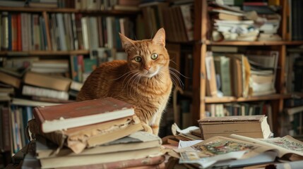 Wall Mural - Domestic ginger cat standing amongst old books in vintage library setting. Nostalgia and intellectual curiosity with pet companionship.