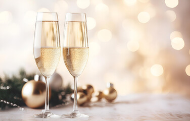 champagne flutes on white holiday table decor with bokeh backgro