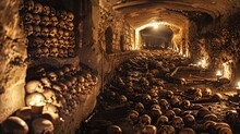 Exploring The Underground Catacombs Beneath An Old Cathedral, With Rows Of Skeletal Remains Resting In Alcoves, Dimly Lit By Flickering Torches.