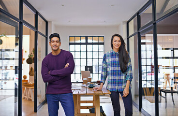 Poster - Creative, man and woman with smile for portrait, interior design and project for career or job. Colleagues, girl and male person with happiness for startup of business, teamwork and collaboration