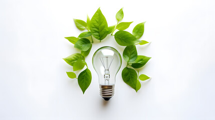 Wall Mural - Green energy concept with a light bulb and leaves on a white background, top view