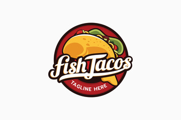 Sticker - fish tacos logo with a combination of a taco, fish, and beautiful lettering for mexican food, restaurants, cafes, food trucks, etc.