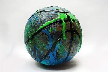 Wall Mural - Artistic basketball with blue and green drips - A close-up of a basketball creatively painted with vibrant blue and green drips and splatters over a textured surface, representing art and sports unity