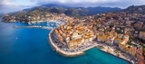 Fototapeta  - Italy , Tuscany summer destination- beautiful coastal town Porto Santo Stefano , Grosseto province. Panoramic aerial drone view