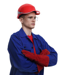 Wall Mural - Young man with crossed arms wearing safety equipment on white background