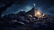 A stone chapel with a cross, illuminated at night,