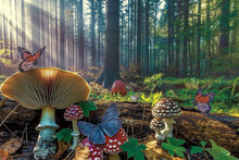 A Forest Scene With A Mushroom, A Butterfly